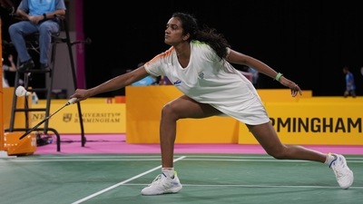 India's Venkata Sindhu Pusarla competes against Pakistan's Mahoor Shahzad during the mixed team event badminton competition at the Commonwealth Games in Birmingham, England. (AP)