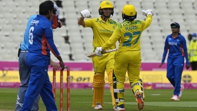 Australia's Ashleigh Gardner, center left, and Alana King celebrate after winning against India (AP) Australia's Ashleigh Gardner, center left, and Alana King celebrate after winning against India (AP)