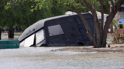 A flooded street is pictured in the UAE's Fujairah emirate following heavy rainfall . (AFP)