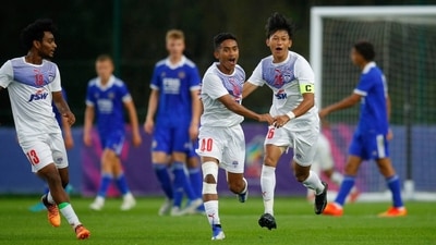 BFC celebrate after scoring against Leicester City FC in Next Generation Cup, 2022 BFC celebrate after scoring against Leicester City FC in Next Generation Cup, 2022