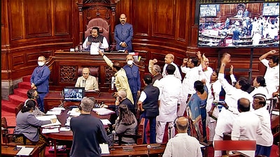 Opposition MPs in the Well of Rajya Sabha to protest over inflation during the Monsoon Session of Parliament, New Delhi , July 29, 2022 (ANI) Opposition MPs in the Well of Rajya Sabha to protest over inflation during the Monsoon Session of Parliament, New Delhi , July 29, 2022 (ANI)