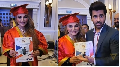 Rakhi Sawant has shared a video from a event where she was honoured with a degree. Rakhi Sawant has shared a video from a event where she was honoured with a degree. 