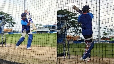 India captain Rohit Sharma in full flow during a net session.&nbsp; (BCCI)