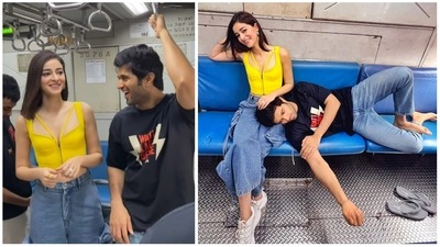 Ananya Panday and Vijay Deverakonda in a Mumbai local on Friday. Ananya Panday and Vijay Deverakonda in a Mumbai local on Friday. 