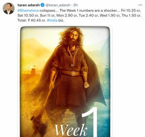 Taran Adarsh on box office report of Shamshera.
