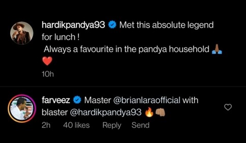 Farveez Maharoof's comment on Hardik Pandya's picture. (Instagram) Farveez Maharoof's comment on Hardik Pandya's picture. (Instagram)