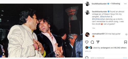 A picture of Abhishek Bachchan and Hrithik Roshan from Farah Khan's sangeet ceremony. A picture of Abhishek Bachchan and Hrithik Roshan from Farah Khan's sangeet ceremony. 