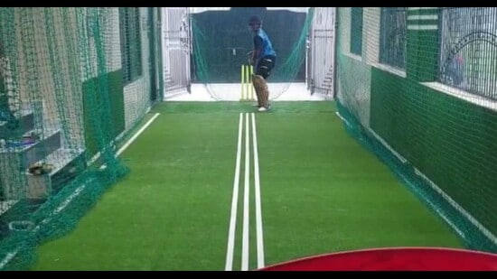 Sarfaraz Khan during a net session at indoor turf at his home in Azamgarh. (Sourced)