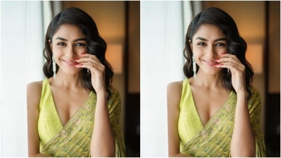 Mrunal slipped into a green printed saree which featured prints in shades of green and white.(Instagram/@mrunalthakur)