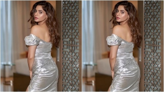 Aamna’s off-shoulder gown featured a sweetheart neckline, corset details and one thigh high slit.(Instagram/@aamnasharifofficial)