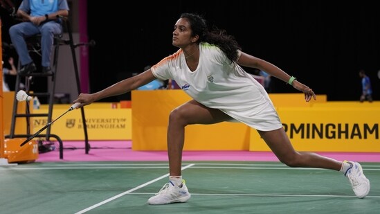 India's Venkata Sindhu Pusarla competes against Pakistan's Mahoor Shahzad during the mixed team event badminton competition at the Commonwealth Games in Birmingham, England.(AP)