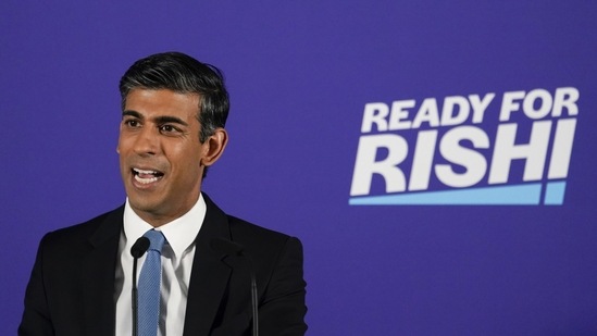 British Conservative Party member Rishi Sunak launches his campaign for the Conservative Party leadership, in London. (AP)