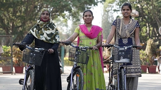 Bengaluru and Delhi women labourers were gifted cycles by Greenpeace India as part of a campaign called 'power the pedal'. (Image credit: Greenpeace) Bengaluru and Delhi women labourers were gifted cycles by Greenpeace India as part of a campaign called 'power the pedal'. (Image credit: Greenpeace)