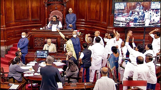 Opposition MPs in the Well of Rajya Sabha to protest over inflation during the Monsoon Session of Parliament, New Delhi , July 29, 2022 (ANI)