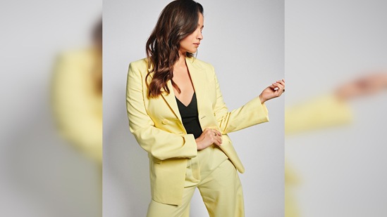 Alia Bhatt took to her Instagram handle to share a slew of pictures from a collaboration with an online fashion store for which she donned a pastel yellow pantsuit.(Instagram/@aliaabhatt)