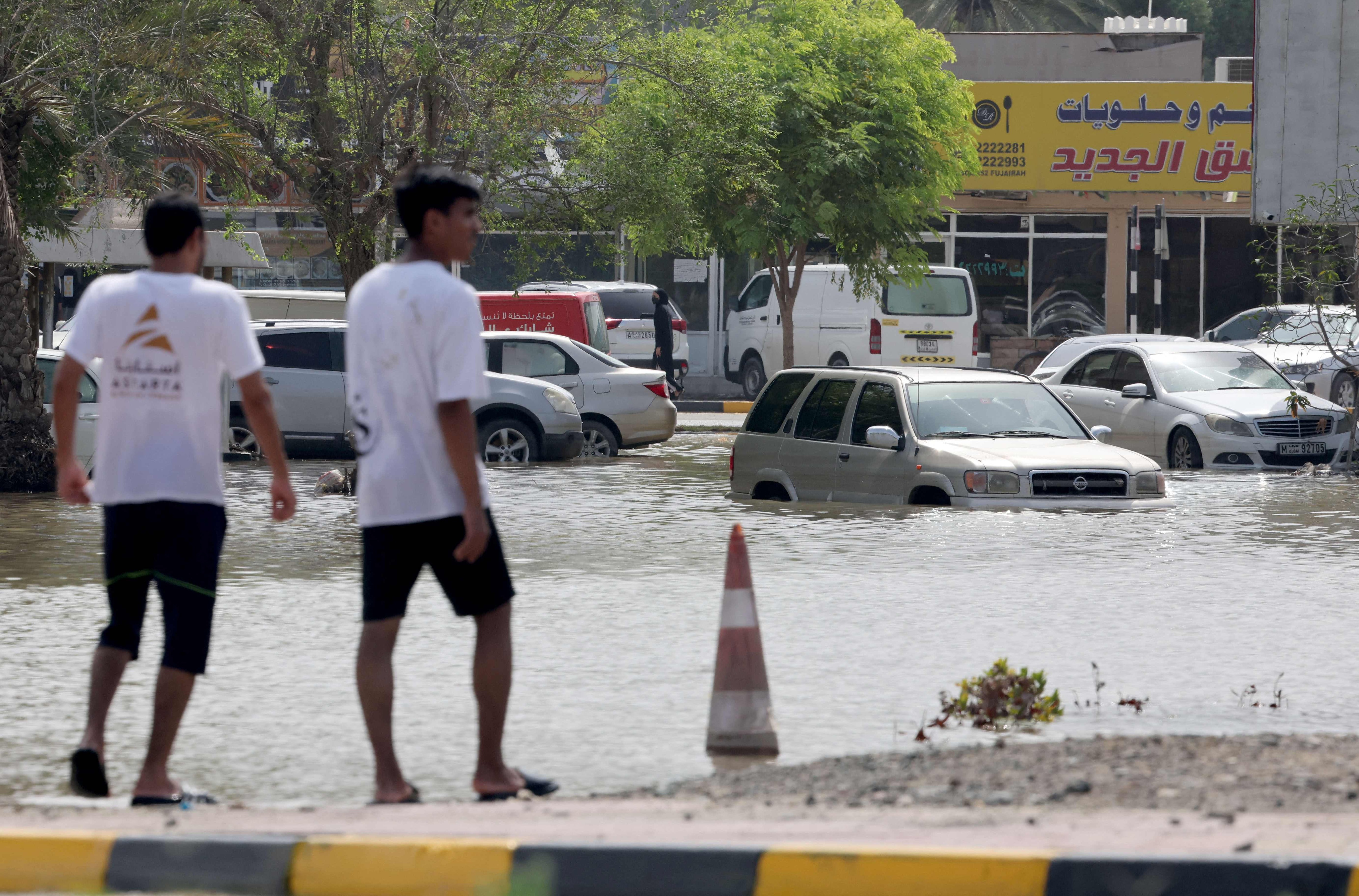 A flooded street is pictured in the UAE's Fujairah emirate following heavy rainfall on Friday.&nbsp; (AFP)