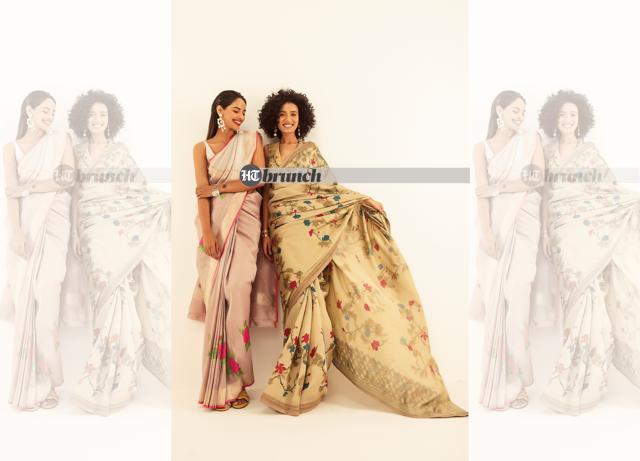 Intricate designs, abstract tribal nuances or ethnic motifs on Indian drapes, always make bold statements; On Jhanvi (left):Saree by Shanti Banaras; Shoes by Rosso Brunello; Earrings and bracelet by Amama; On Abha: Saree by Archana Jaju; Shoes by Rosso Brunello; Earrings by Amama (Vidushi Gupta)