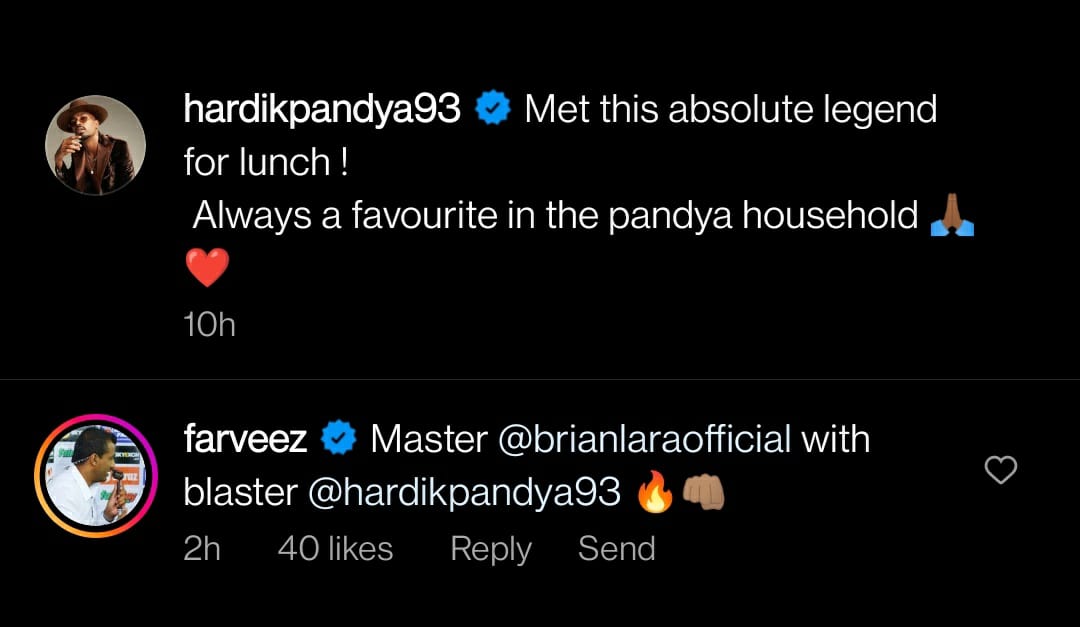 Farveez Maharoof's comment on Hardik Pandya's picture.(Instagram) Farveez Maharoof's comment on Hardik Pandya's picture.(Instagram)