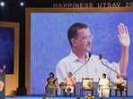 New Delhi, July 29 (ANI):Delhi chief minister Arvind Kejriwal addresses at the closing ceremony of Happiness Utsav, at Thyagraj Stadium in New Delhi. New Delhi, July 29 (ANI):Delhi chief minister Arvind Kejriwal addresses at the closing ceremony of Happiness Utsav, at Thyagraj Stadium in New Delhi.
