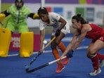India's Vandana Katariya (16) , left and Wales' Xenna Hughes challenge vie for the ball during the pool A women's hockey match between India and Wales(AP)