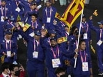 Athletes of Sri Lanka enter the stadium during the Commonwealth Games opening ceremony at the Alexander stadium in Birmingham, England,(AP)