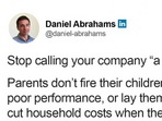 The image shows a part of the LinkedIn post that a CEO shared to explain why one shouldn't call their company a ‘family'.