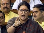 Union minister Smriti Irani in the Lok Sabha on Thursday. (PTI Photo) Union minister Smriti Irani in the Lok Sabha on Thursday. (PTI Photo)