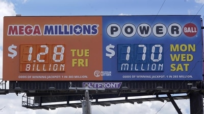 A sign displays the Mega Millions lottery jackpot in Detroit.&nbsp; (AP)