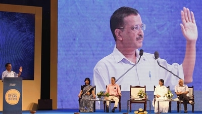 New Delhi, July 29 (ANI):Delhi chief minister Arvind Kejriwal addresses at the closing ceremony of Happiness Utsav, at Thyagraj Stadium in New Delhi. New Delhi, July 29 (ANI):Delhi chief minister Arvind Kejriwal addresses at the closing ceremony of Happiness Utsav, at Thyagraj Stadium in New Delhi.