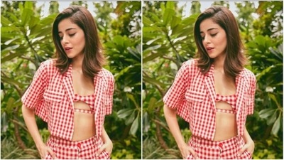 Designed by fashion designer house Body Episodes, Ananya decked up in a red and white checkered bra, and layered it with a cropped jacket of the same print. (Instagram/@ananyapanday)