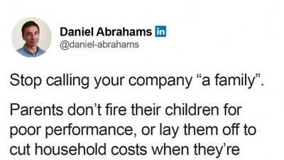 The image shows a part of the LinkedIn post that a CEO shared to explain why one shouldn't call their company a ‘family'. (LinkedIn/@Daniel Abrahams)