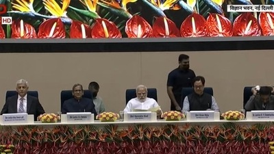 PM Modi and Chief Justice NV Ramana share stage at event. PM Modi and Chief Justice NV Ramana share stage at event. 
