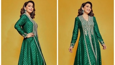 If you want to try something heavy and make heads turn you can take cues from Madhuri Dixit's full length emerald green anarkali sharara dress. The gota patti work and intricate embellishment gives a royal and stylish look to any ethnic outfit. Wear it with large earrings and blush-coloured makeup. The perfect hairstyle for the clothing is side-swept hair with soft curls. (Instagram) If you want to try something heavy and make heads turn you can take cues from Madhuri Dixit's full length emerald green anarkali sharara dress. The gota patti work and intricate embellishment gives a royal and stylish look to any ethnic outfit. Wear it with large earrings and blush-coloured makeup. The perfect hairstyle for the clothing is side-swept hair with soft curls. (Instagram)