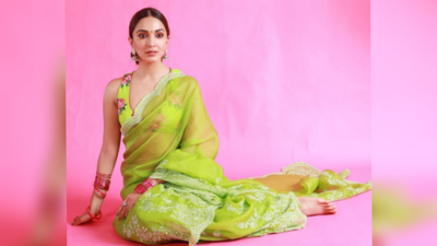 Considering the humid weather if you want to wear something airy, simple yet unique, then choose a saree similar to Kiara Advani's. The net saree with the green light colour print is the ideal choice for Hariyali Teej. Pair it up with a matching sleeveless printed blouse to complete the look. Keep your hair up in a bun or ponytail. A little bindi, blushed cheeks, and nude makeup can work wonders. Add trendy silver jhumkas and glass bangles to complete the look. (Instagram )