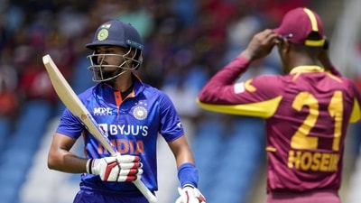India's Shreyas Iyer&nbsp;leaves the field, caught by West Indies' Akeal Hosein, during the first T20 cricket match at Brian Lara Cricket Academy in Tarouba, Trinidad and Tobago (AP)