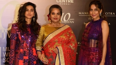 Shabana Azmi, who organised the event in association with her NGO Mijwan Welfare Society, posed for photos with Shibani Dandekar and Anusha Dandekar. Shabana Azmi, who organised the event in association with her NGO Mijwan Welfare Society, posed for photos with Shibani Dandekar and Anusha Dandekar. 