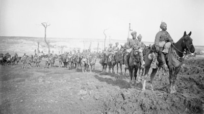 As a part of the Indian Expeditionary Force, 29th Lancers or 9 Horse regiment, one of the oldest regiments of Indian army making way through shell torn landscape in 1917. (Imperial War Museum)