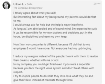A comment by a LinkedIn user why one shouldn't address their company as a ‘family’. (LinkedIn/@Li Lian L)
