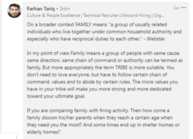 Reaction to CEO's post involving family not being a family. (LinkedIn/@Farhan Tariq)
