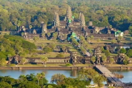 The Angkor Wat complex, one of the largest Vaishnava temples in the world, built in the 12th century and continuing the Devaraja traditions established by earlier Khmer kings.&nbsp; (Shutterstock)