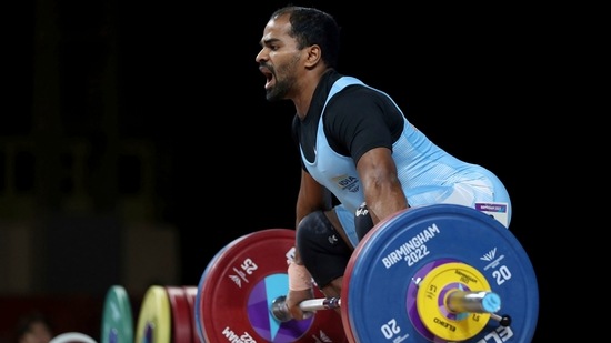 India's Gururaja Gururaja in action during the Mens 61kg weightlifting(AP)