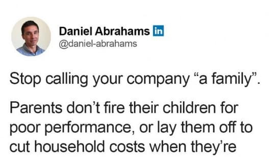 The image shows a part of the LinkedIn post that a CEO shared to explain why one shouldn't call their company a ‘family'.(LinkedIn/@Daniel Abrahams)