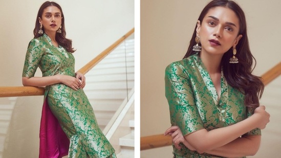 If you wish to dress elegantly, take a cue from Aditi Rao Hydari's stunning matching sharara with intricate gold embroidery and Varanasi silk kurta with V-neck, elbow-length sleeves, and high side slits. You can dress it up with contemporary huge jhumkas in gold tones or big earrings. You can choose a striking red or maroon tone for your makeup with masacara and light eyeshadow.(Instagram )