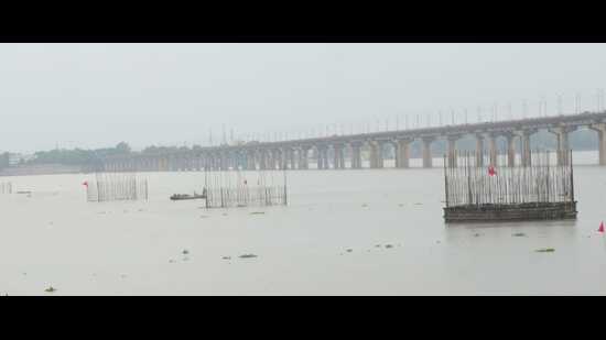 The submerged pillars of the under-construction railway bridge over Ganga in Prayagraj . (HT photo)
