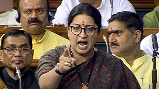 Union minister Smriti Irani in the Lok Sabha on Thursday. (PTI Photo)