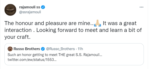 SS Rajamouli and Russo Brothers' Twitter interaction.