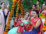 Hariyali Teej also known as Shraavana Teej is a festival of the Hindus dedicated to Goddess Parvati and her union with Lord Shiva. It is observed in the northern states of Punjab, Haryana, Rajasthan and Chandigarh. This year, the festival will be celebrated on July 31.(HT Photo/Keshav Singh)