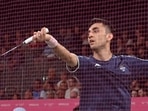 India's Lakshya Sen competes against Sri Lanka's Niluka Karunaratne during the men's singles Badminton match at the Commonwealth Games(AP)