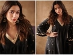 Mom-to-be Alia Bhatt's pregnancy fashion game is on point. The actor is stepping out in all fancy and comfy attires to promote her upcoming film Darling. For a recent promotional event, the Gangubai actor opted for a black v-neck anarkali set.(Instagram/@aliaabhatt)