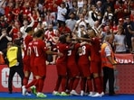 Liverpool's Darwin Nunez celebrates scoring their third goal with teammates